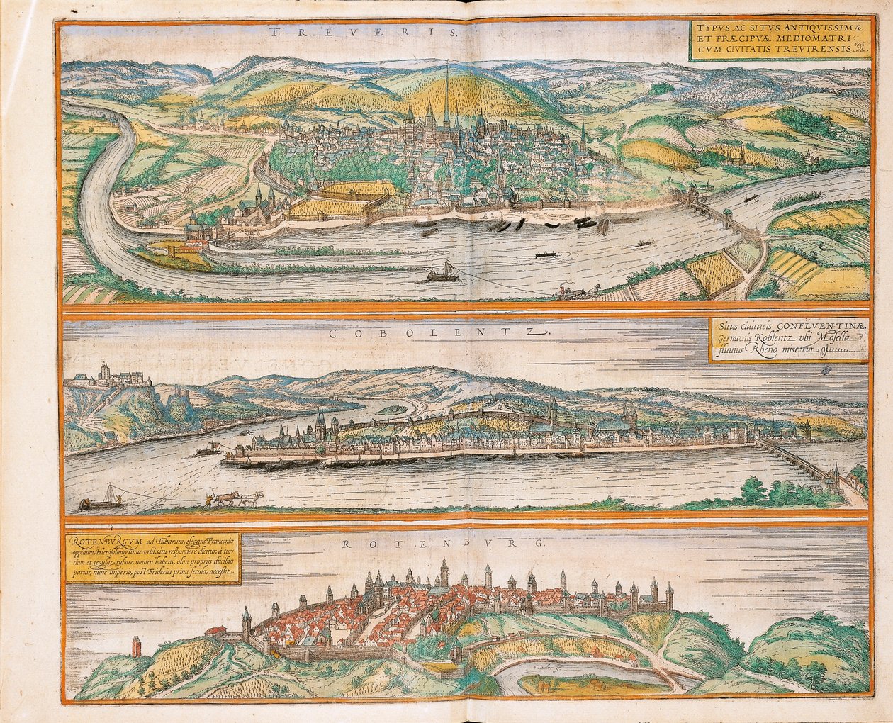 Trierin, Koblenzin ja Rothenburgin kartta Civitates Orbis Terrarumilta, kirjoittanut Georg Braun tekijältä Georg Braun and Hogenberg Franz