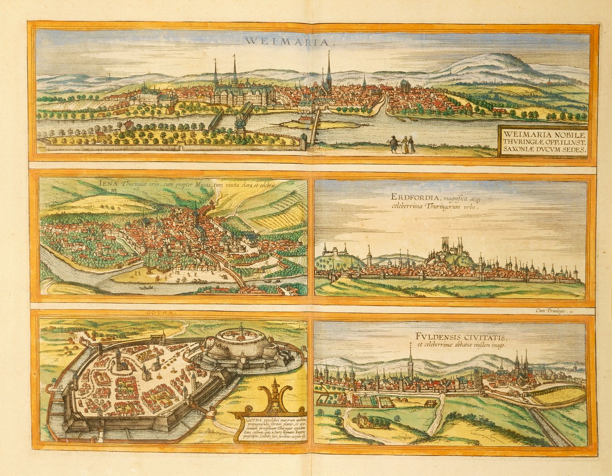 Georg Braunin Weimarin, Jenan, Erfurtin, Gothan ja Fuldan kartta maailman kaupungeista tekijältä Georg Braun and Hogenberg Franz