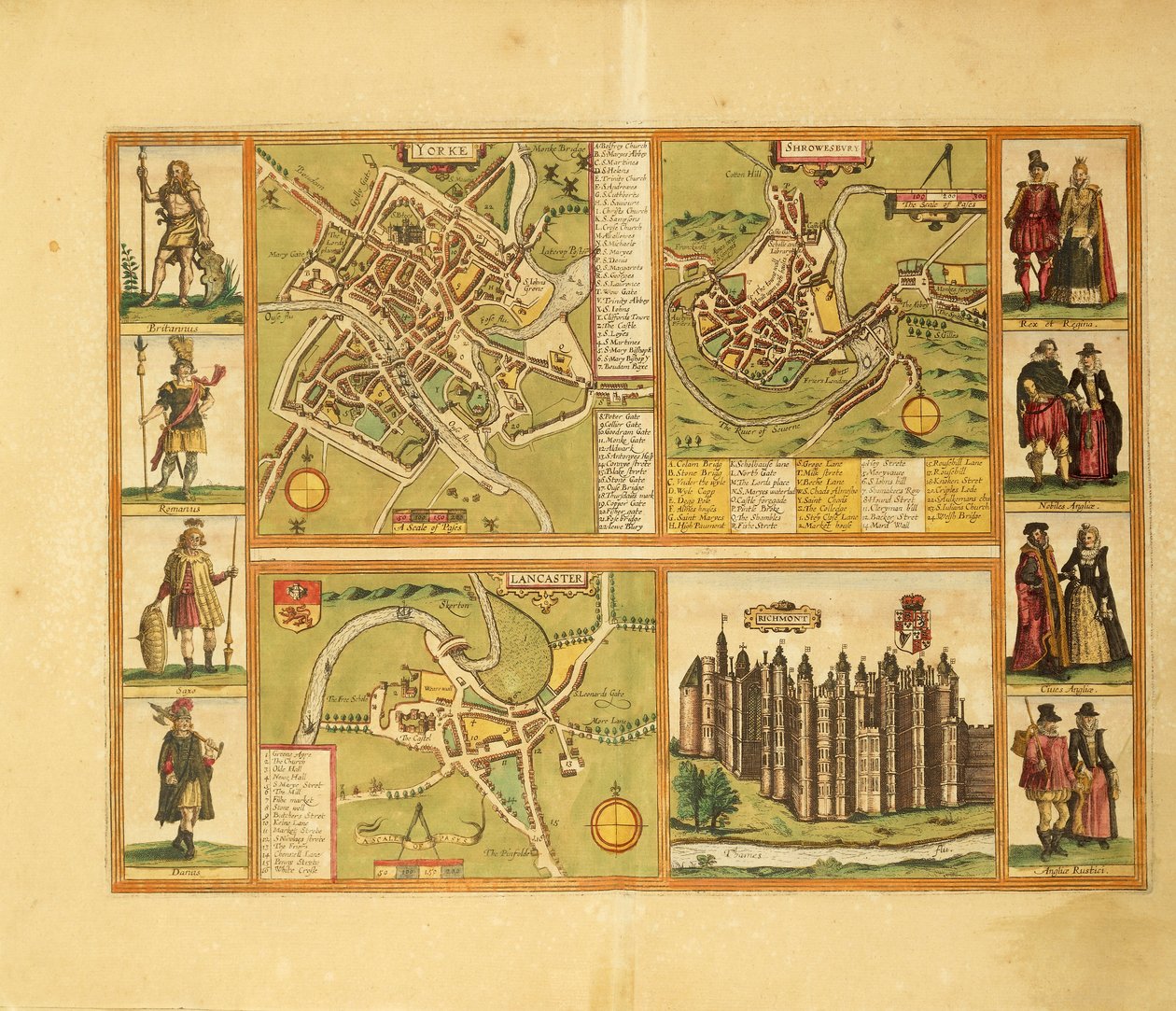 Mapa de York, Shrewbury, Lancaster i Richmond Castle de Civitates Orbis Terrarum de Georg Braunfinnish tekijältä Georg Braun and Hogenberg Franz