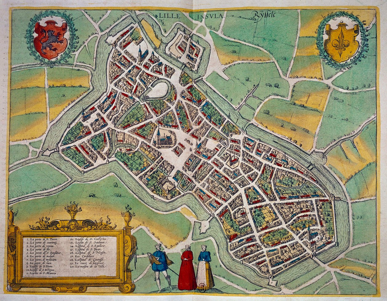 Georg Braunin (1541-1622) ja Frans Hogenbergin (1535-1590) "Civitates Orbis Terrarum" -teoksesta peräisin oleva Lillen kaupungin kartta noin 1572-1617. Pariisi, B.N. tekijältä Georg Braun and Hogenberg Franz