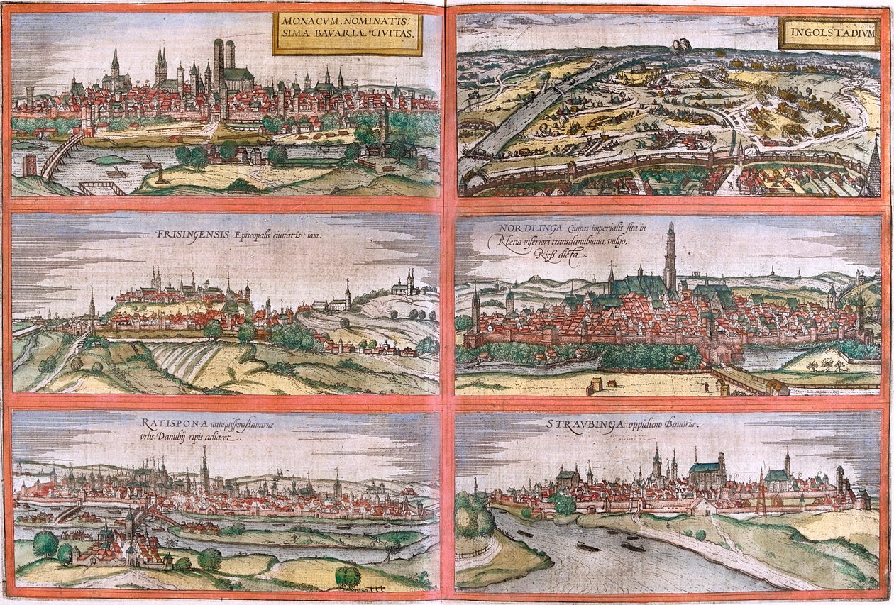 München, Ingolstadt, Freising, Nördlingen, Regensburg, Straubing, Saksa. tekijältä Georg and Hogenberg Franz (1535 90) Braun