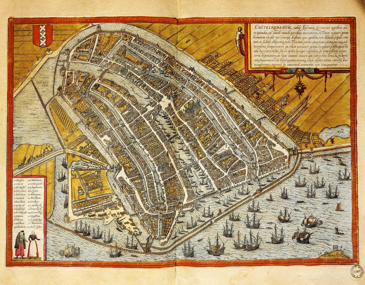 Alankomaat, Georg Braunin (1541-1622) ja Franz Hogenbergin (1535-1590) Civitates Orbis Terrarumin Amsterdamin kartta, kaiverrus tekijältä Georg Braun and Hogenberg Franz