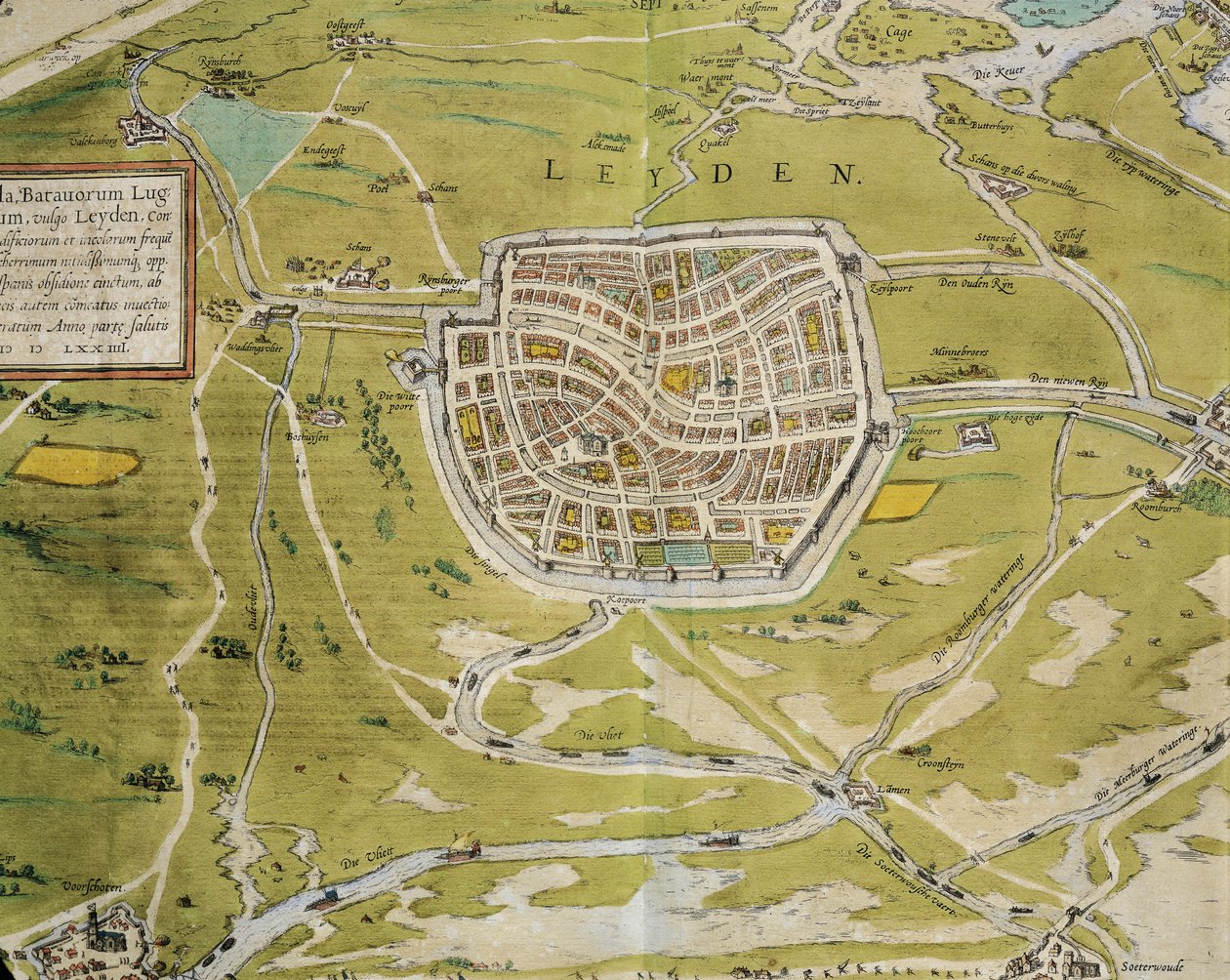 Alankomaat, Leidenin kaupungin ja alueen kartta Georg Braunin (1541-1622) ja Franz Hogenbergin (1540-1590) Civitates Orbis Terrarumista, Köln, kaiverrus tekijältä Georg Braun and Hogenberg Franz