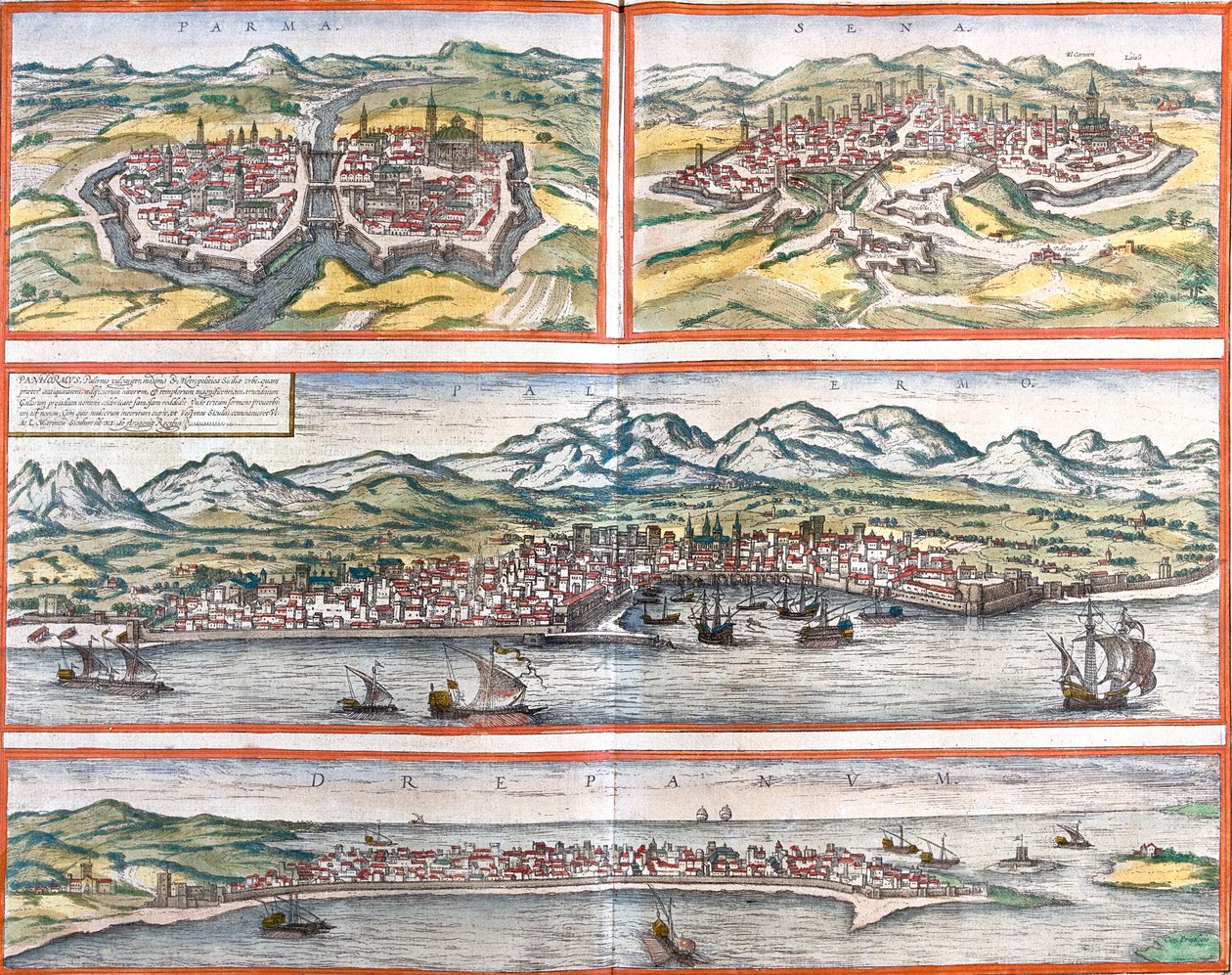 Parma, Siena, Palermo, Trapani, Italia. tekijältä Georg and Hogenberg Franz (1535 90) Braun
