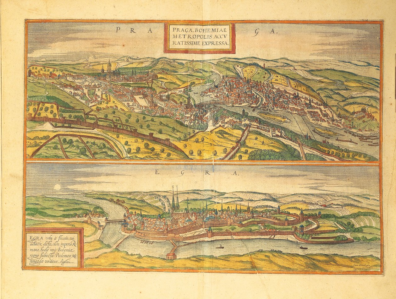 Praha ja Cheb, Eger julkaisusta Cities of the World, kirjoittanut Georg Braun tekijältä Georg Braun and Hogenberg Franz