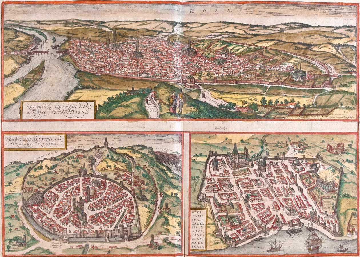 Rouen, Nimes, Bordeaux, Ranska tekijältä Georg and Hogenberg Franz (1535 90) Braun