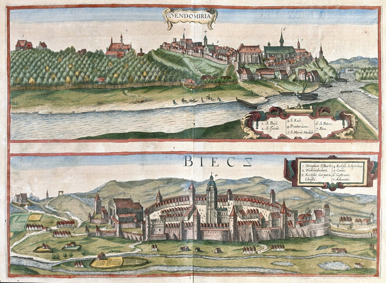 Sandomierz ja Biecz, Puola (kaiverrus tekijältä Georg Braun and Hogenberg Franz