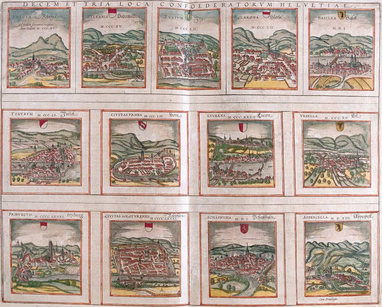 Schwyz, Unterwalden, Zug, Glarus, Basel, Zürich, Bern, Luzern, Uri, Fribourg, Schaffhausen, Appenzell, Sveitsi. tekijältä Georg and Hogenberg Franz (1535-90) Braun