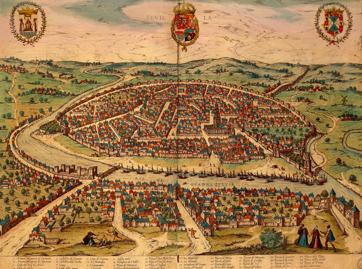 Espanja, Sevilla, Kaupunkinäkymä, Georg Braunin (1541-1622) ja Franz Hogenbergin (1535-1590) värikaiverrus Civitates Orbis Terrarumista tekijältä Georg Braun and Hogenberg Franz