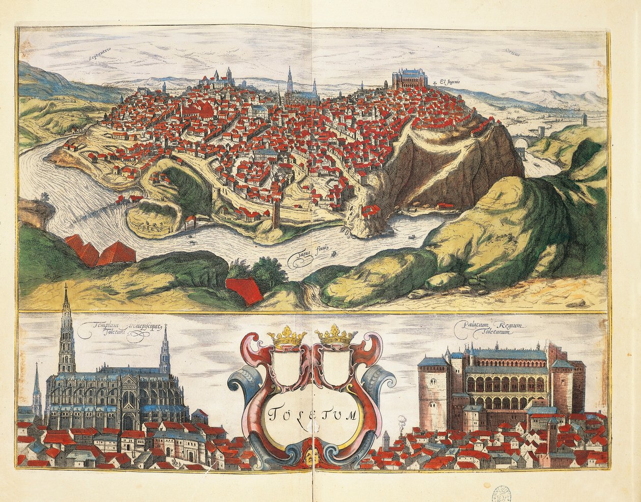 Espanja, Toledo, Toledon kaupunki Georg Braunin ja Franz Hogenbergin Civitates Orbis Terrarumista, kaiverrus tekijältä Georg Braun and Hogenberg Franz