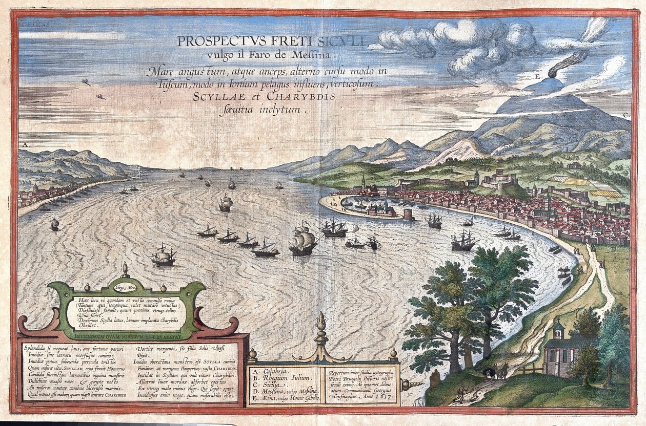 Messinan Detroit Sisilian ja Calabrian (Italia) välissä (kaiverrus tekijältä Georg Braun and Hogenberg Franz