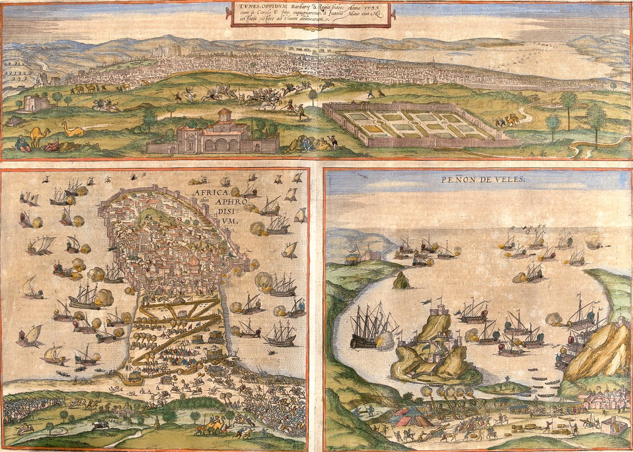 Tunis, Mahdia, Peñón de Vélez de la Gomera, Tunisia, Espanja, Marokko tekijältä Georg and Hogenberg Franz (1535 90) Braun