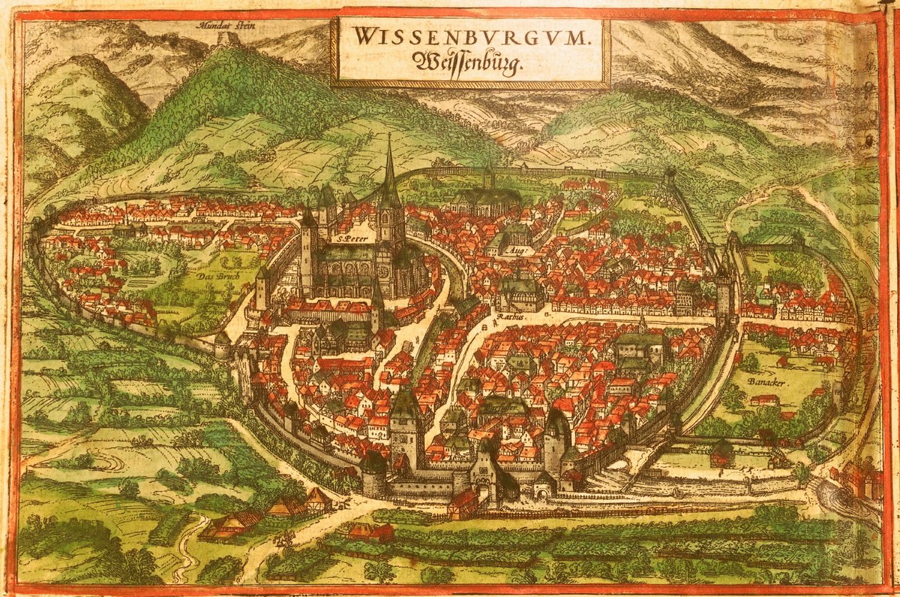 Wissembourg, Valkoinen linna, Alsace tekijältä Georg and Hogenberg Franz (1535 90) Braun
