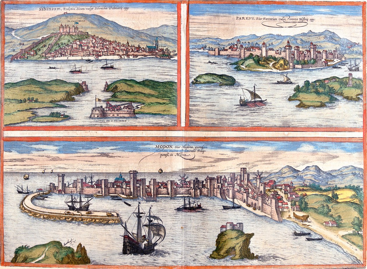 ibenik, Pore, Methoni, Kroatia, Kreikka tekijältä Georg and Hogenberg Franz (1535 90) Braun
