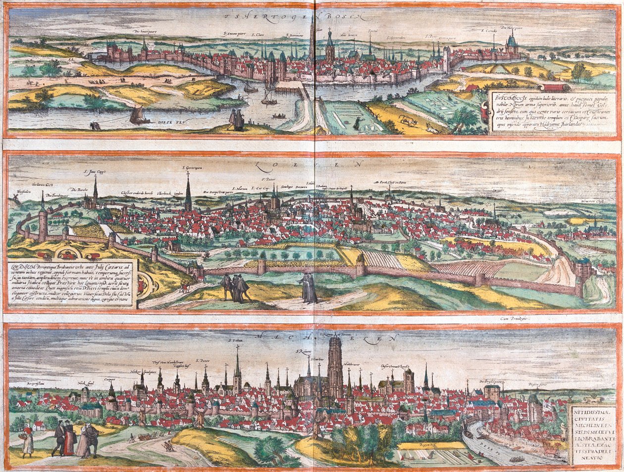 s-Hertogenbosch, Leuven, Machelen, Alankomaat, Belgia. tekijältä Georg and Hogenberg Franz (1535 90) Braun