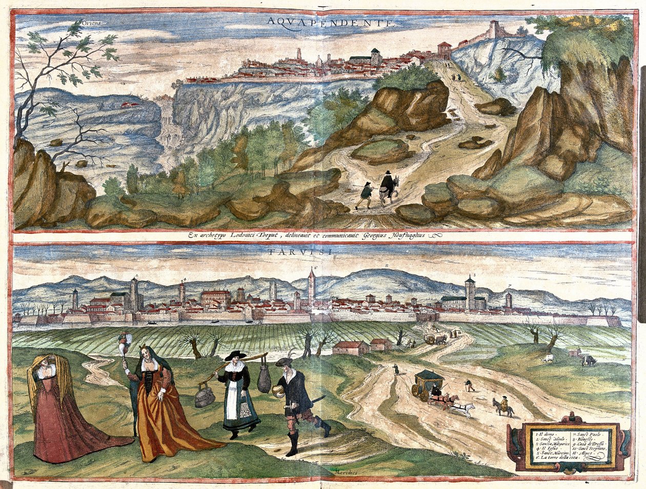 Acquapendente (Viterbon maakunta) ja Treviso, Italia (kaiverrus tekijältä Georg Braun and Hogenberg Franz