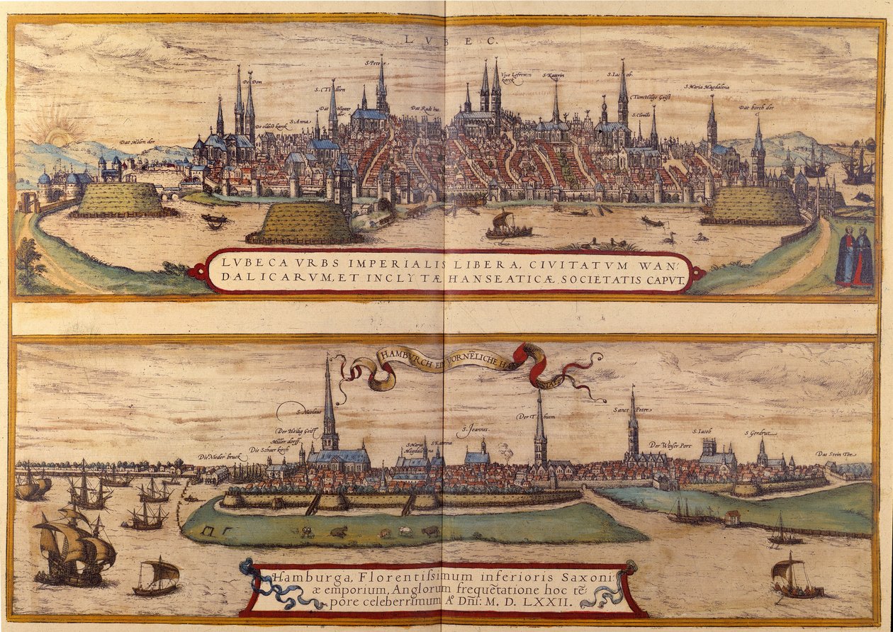 Lyypekin kaupungin yläkuvassa, Hampurin kaupungin alapuolella Saksassa. Kaiverrus Braunin ja Hogenbergin atlasista vuodelta 1572 tekijältä Georg Braun and Hogenberg Franz