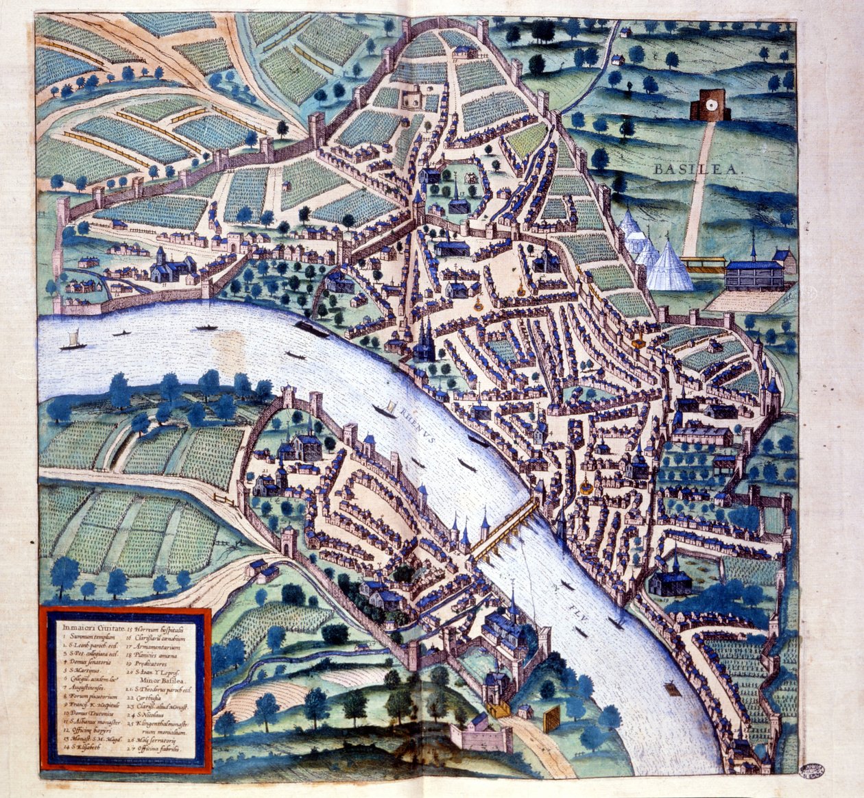 Basel (Sveitsi), lintuperspektiivistä Braun & Hogenbergin "Atlas" tekijältä Georg Braun and Hogenberg Franz