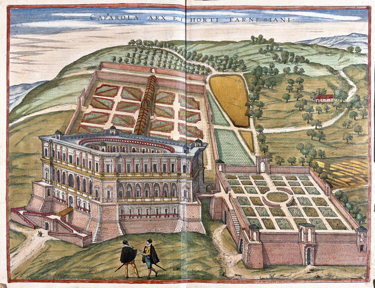 Caprarolan palatsi ja Farnesen puutarhat, Lazio, Italia (kaiverrus tekijältä Georg Braun and Hogenberg Franz