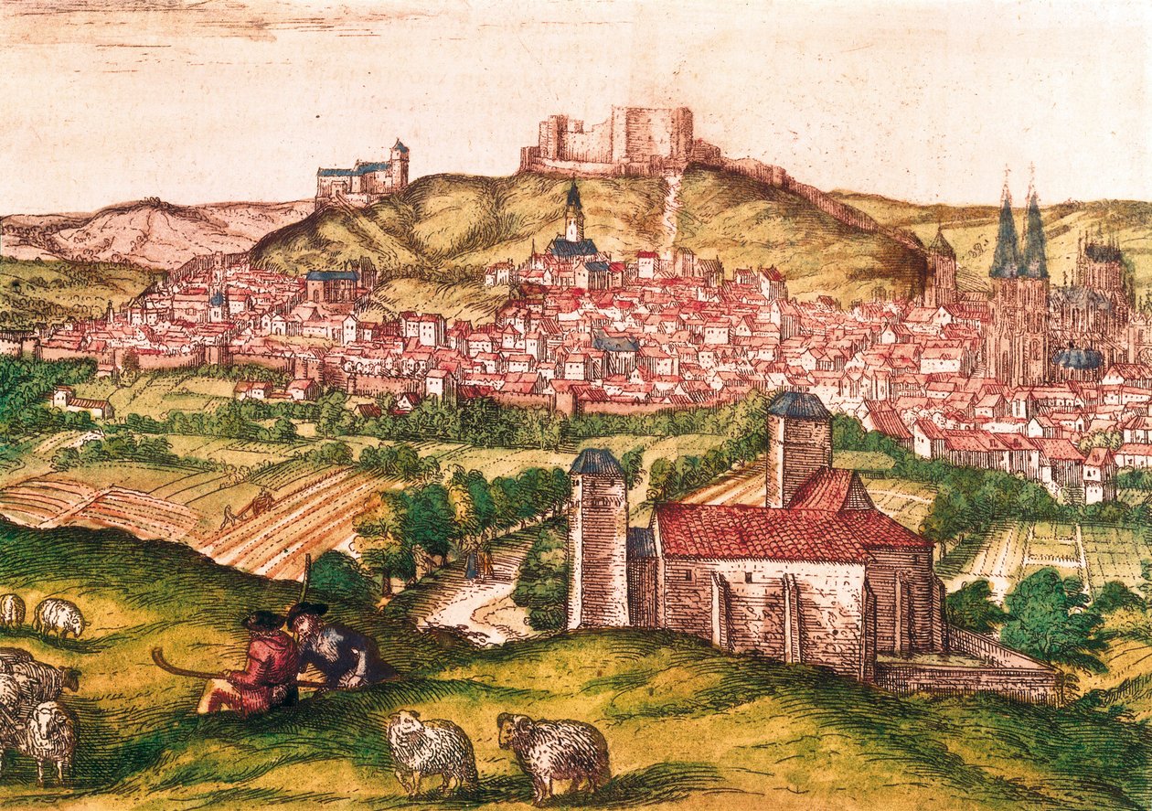 Burgosin kaupunki Espanjassa paimenet ja lammaslauma etualalla (1576). Kaiverrus Civitatis Orbis Terrarumissa, tekijältä Georg Braun and Hogenberg Franz