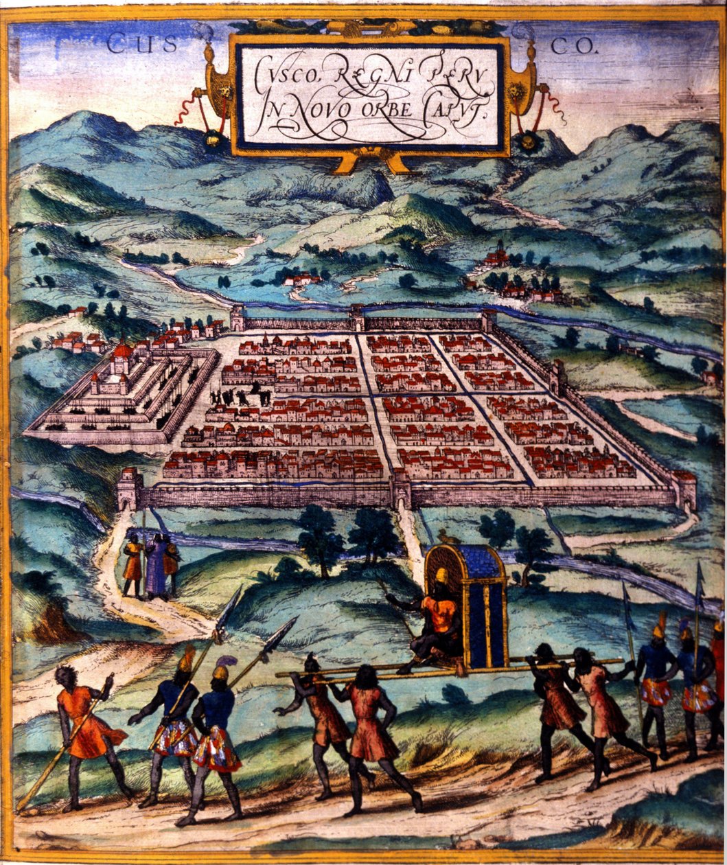 Cuzco, inka-sivilisaation pääkeskus. Atlas de Braun & Hogenberg tekijältä Georg Braun and Hogenberg Franz