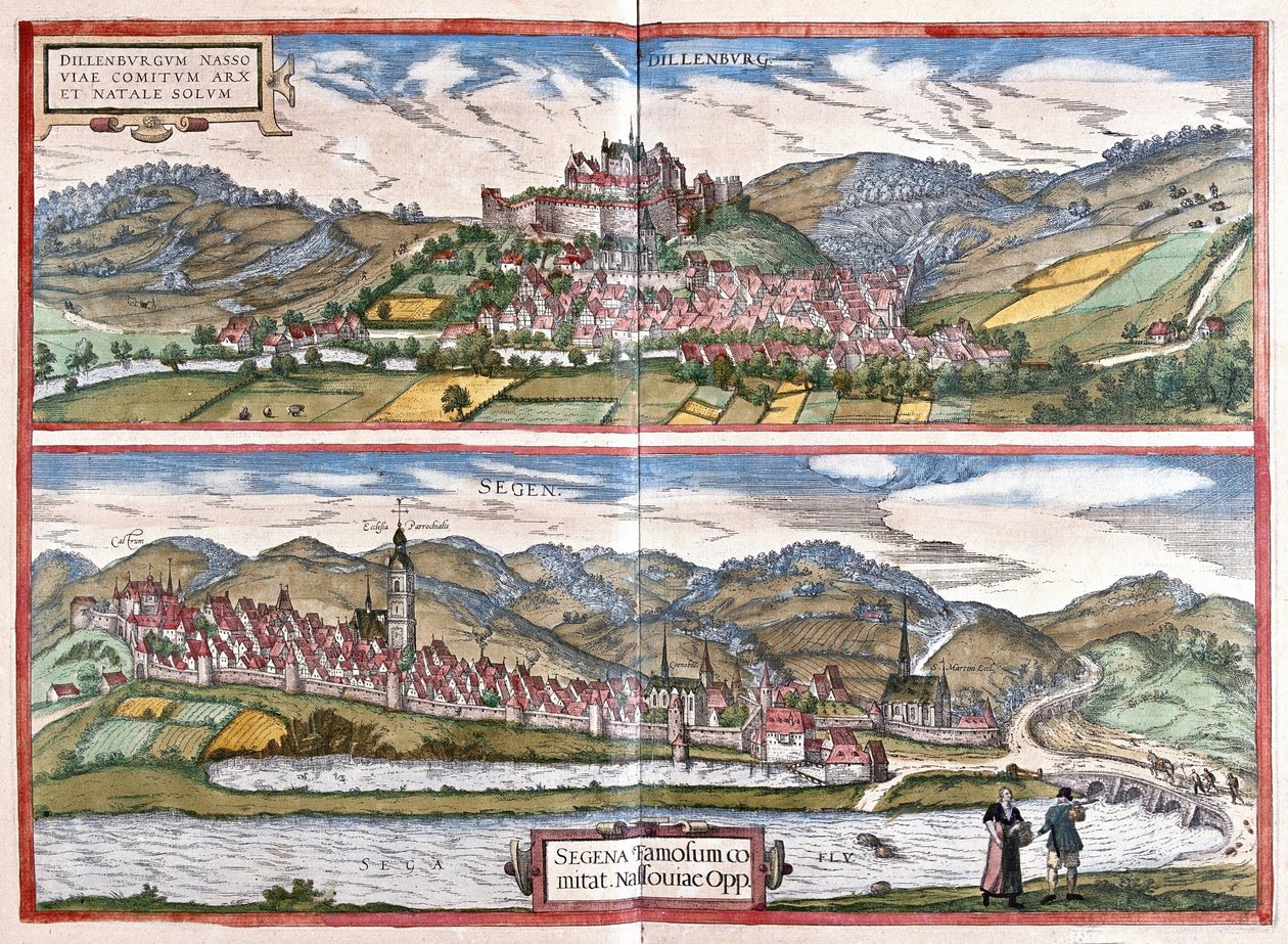 Dillenburg (Hesse) ja Siegen (North Rhenania Westfalen), Saksa (kaiverrus tekijältä Georg Braun and Hogenberg Franz