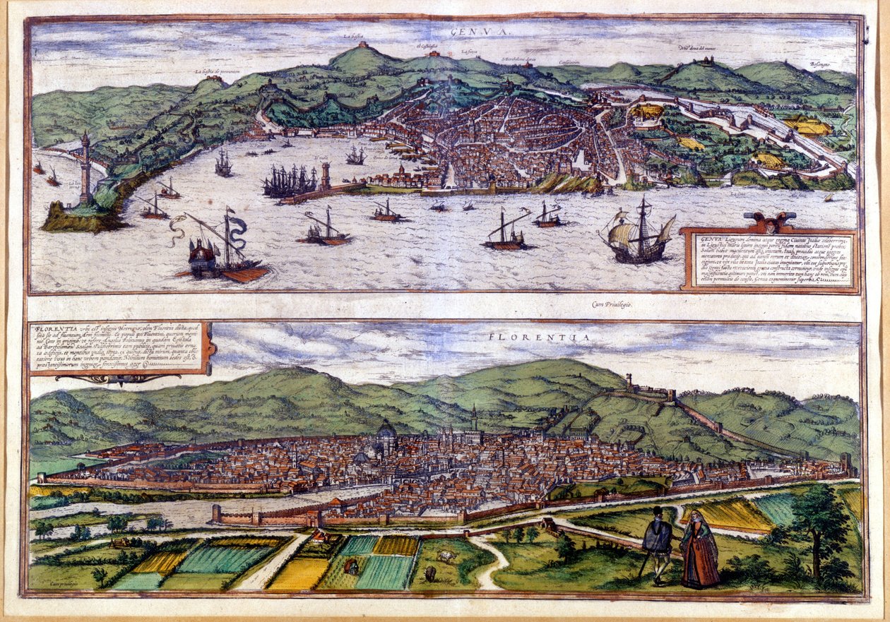 Genes (ylhäällä) ja Firenze (alhaalla) Lintunäkymä Braunin ja Hogenbergin atlasille. 1550. tekijältä Georg Braun and Hogenberg Franz