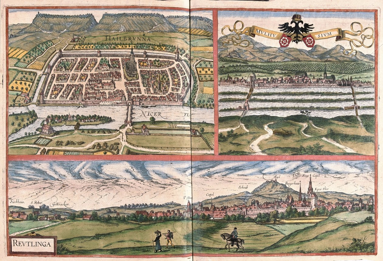 Heilbronn (Saksa), Mulhouse (Ranska) ja Reutlingen (Saksa) (kaiverrus) tekijältä Georg Braun and Hogenberg Franz