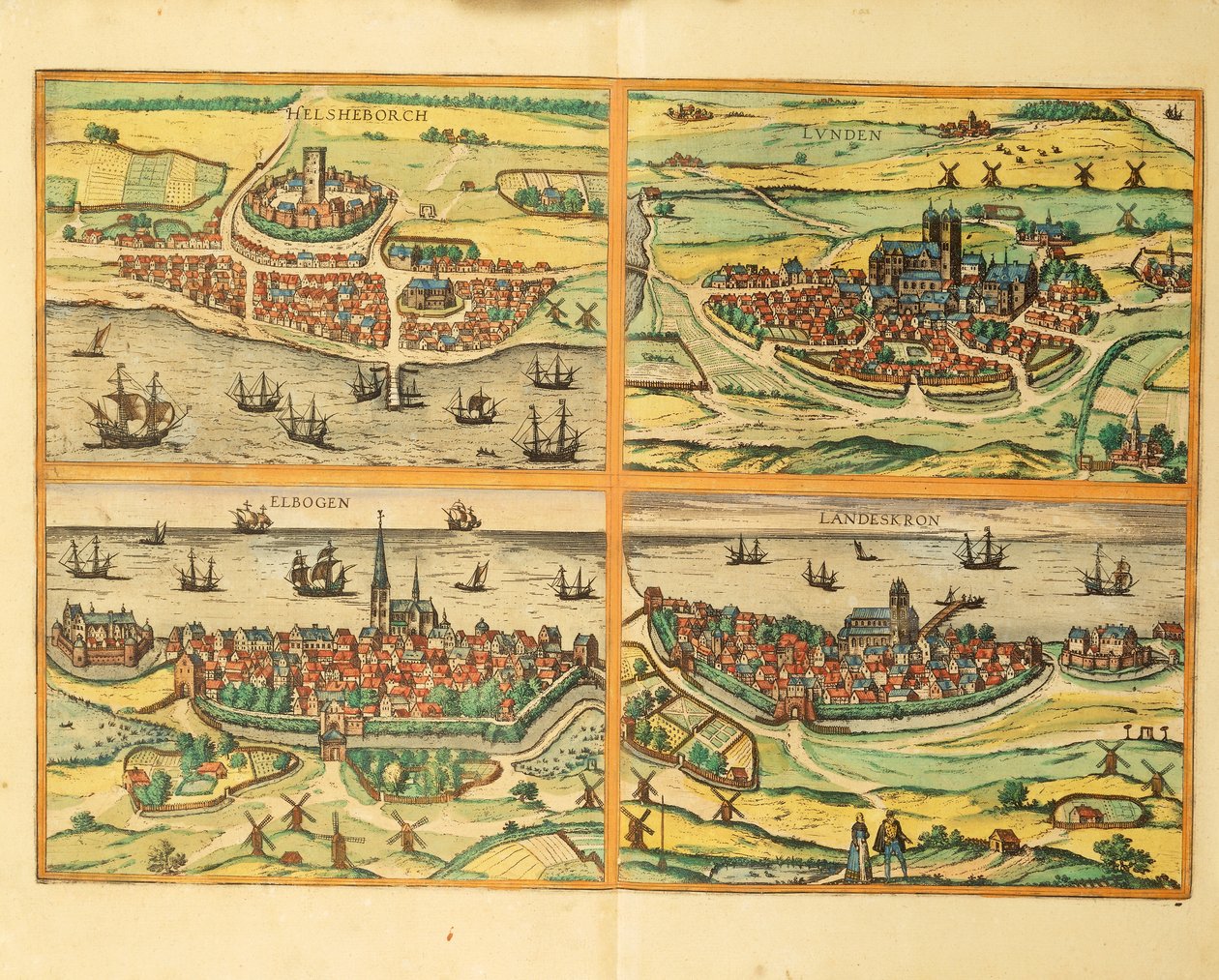 Helsingborg, Lund, Malmö, Elbogen ja Landskrona, Maailman kaupungeista Köln tekijältä Georg Braun and Hogenberg Franz