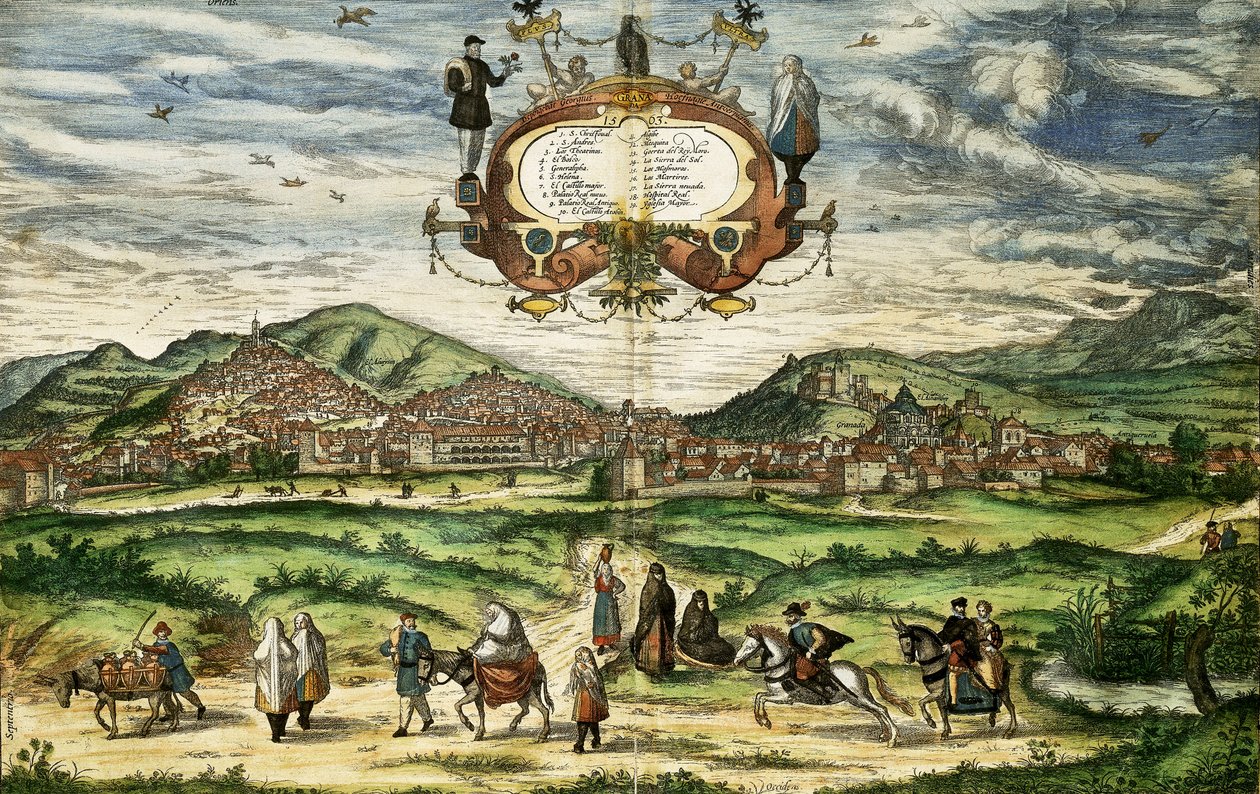 Granadan kartta, "World Cities" (värillinen kaiverrus) tekijältä Georg Braun and Hogenberg Franz