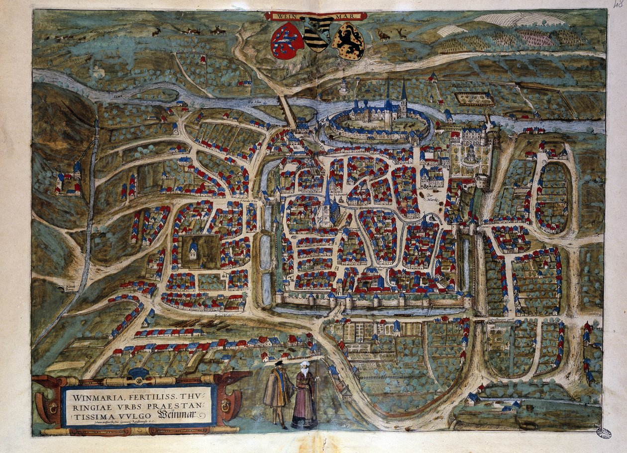 Kartta Saksan Weimarin kaupungista. Kaiverrus "Braunin ja Hogenbergin" atlasista vuodelta 1572 tekijältä Georg Braun and Hogenberg Franz