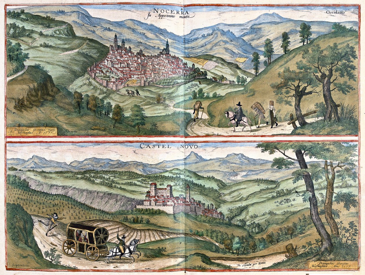 Nocera Umbra (Perugian maakunta) ja Castelnuovo di Porto (Rooman alue), Italia tekijältä Georg Braun and Hogenberg Franz