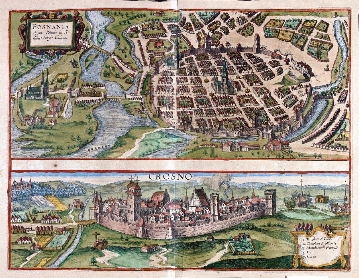 Poznan ja Krosno, Puola (kaiverrus tekijältä Georg Braun and Hogenberg Franz
