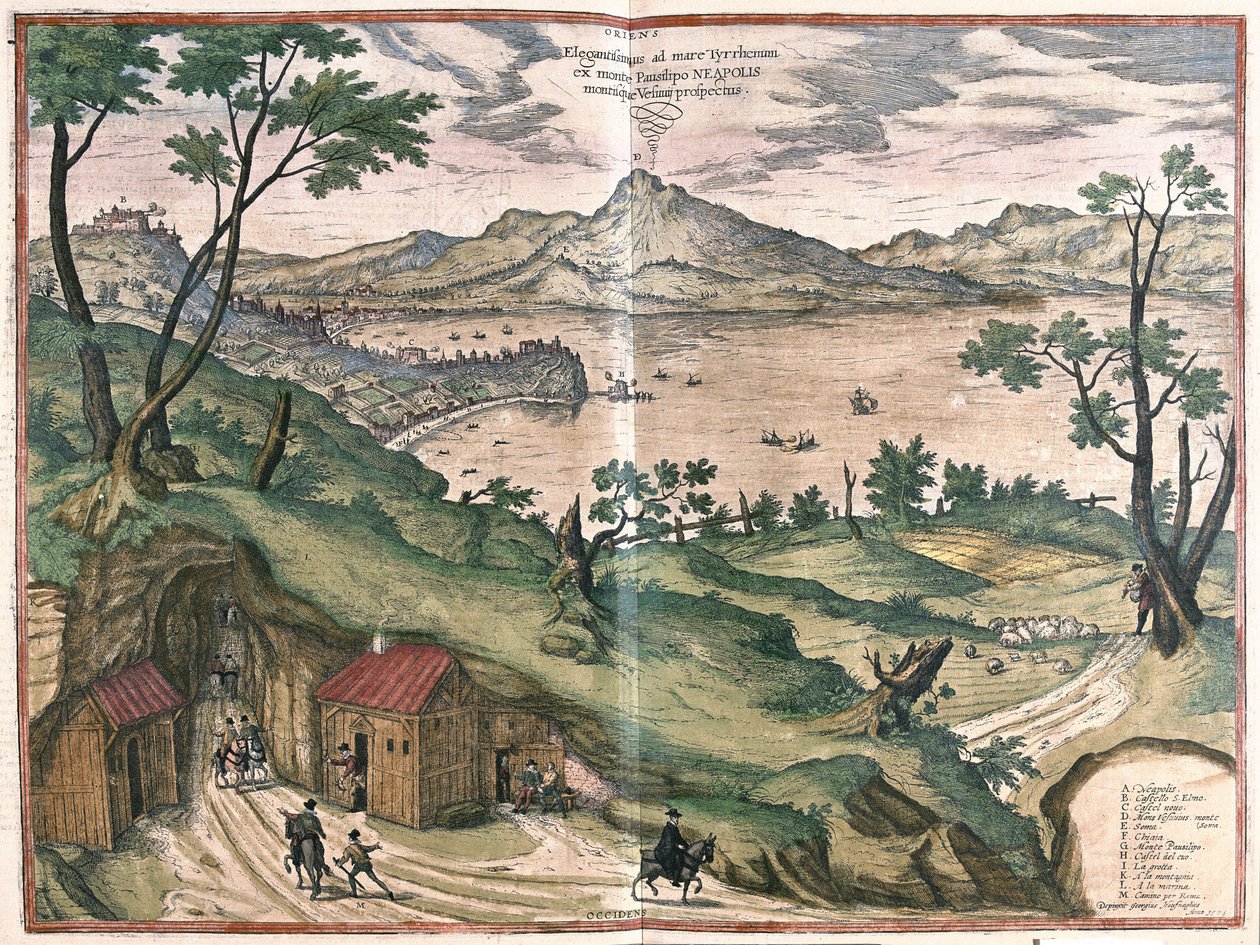 Napolinlahti ja Vesuve, Italia, vuonna 1579 (kaiverrus tekijältä Georg Braun and Hogenberg Franz