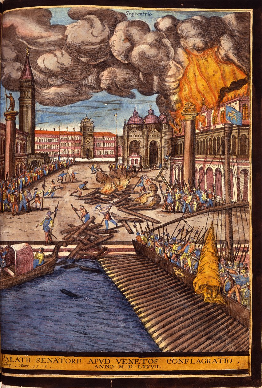 Herttuapalatsin suuri tulipalo Pyhän Markuksen torilla Venetsiassa vuonna 1577. George Braunin kaiverrus "" Civitatis Orbis Terrarum" -osa I kirjoittanut Franz Hogenberg (1535-1590) tekijältä Georg Braun and Hogenberg Franz