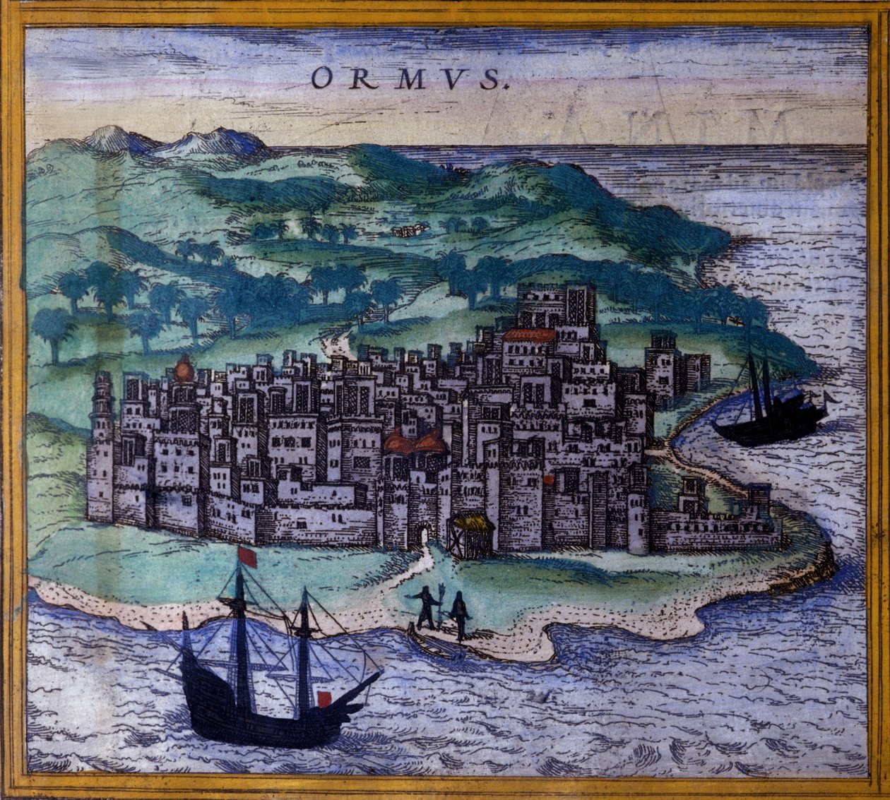 Iranin saari Ormuz tai Hormuz reitillä Indesille Braunin ja Hogenbergin Civitates Orbis Terrarum -atlasin jälkeen tekijältä Georg Braun and Hogenberg Franz