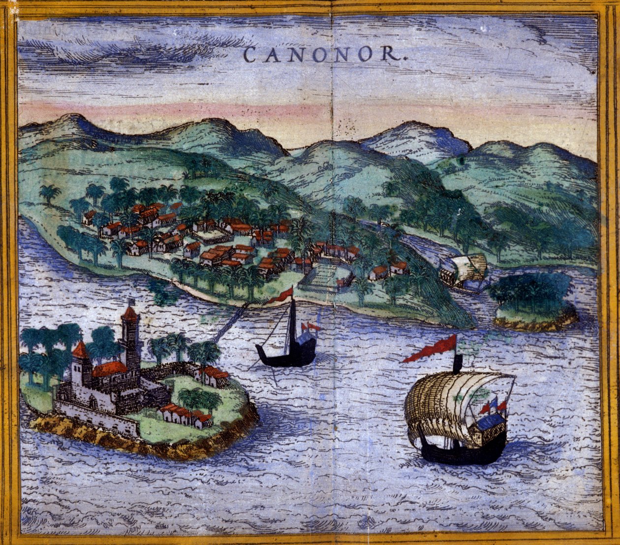 Näkymä Canonoriin (tai Cannanoreen) Intiassa Braunin ja Hogenbergin "Civitates Orbis Terrarum" -julkaisusta tekijältä Georg Braun and Hogenberg Franz
