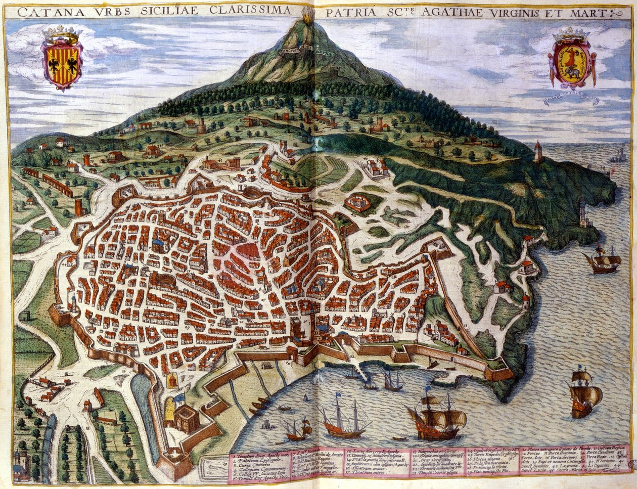 Näkymä Catanialle ja Etnalle Sisiliassa. Braunin ja Hogenbergin atlas. 1585, Amsterdam. tekijältä Georg Braun and Hogenberg Franz