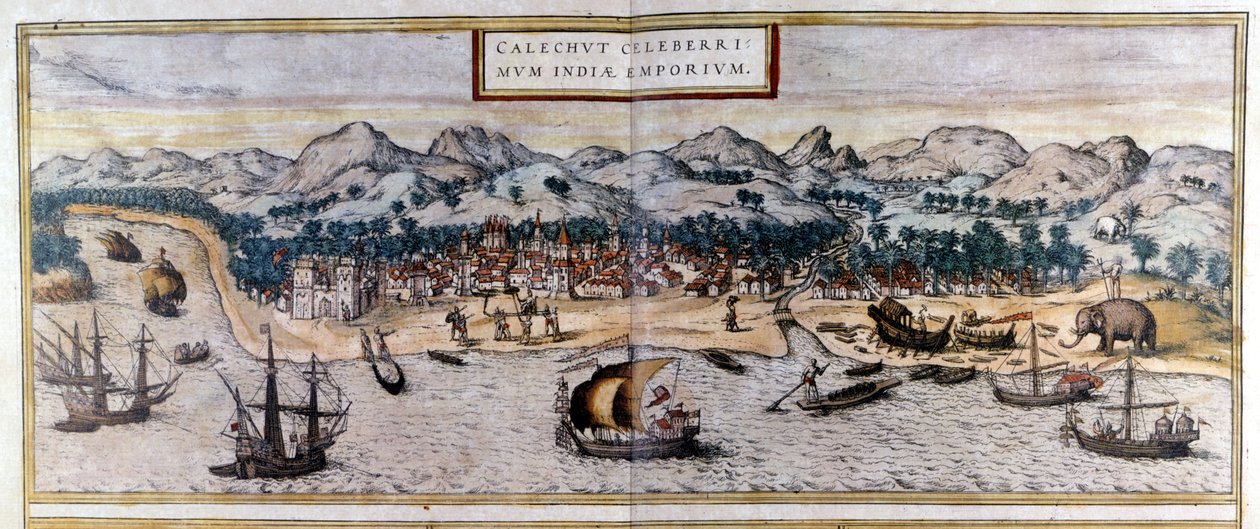Näkymä Kozhikodeen tai Calicutiin Intiassa Braun & Hogenbergin Civitates Orbis Terrarum -atlasista tekijältä Georg Braun and Hogenberg Franz