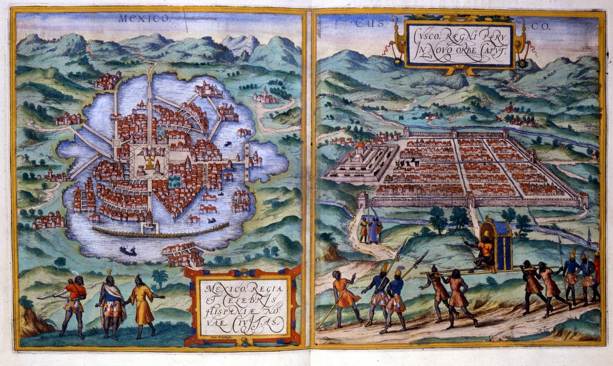 Näkymä Mexico Cityyn (Meksiko) ja Cuzcoon (Peru). Atlas Braun & Hogenberg tekijältä Georg Braun and Hogenberg Franz