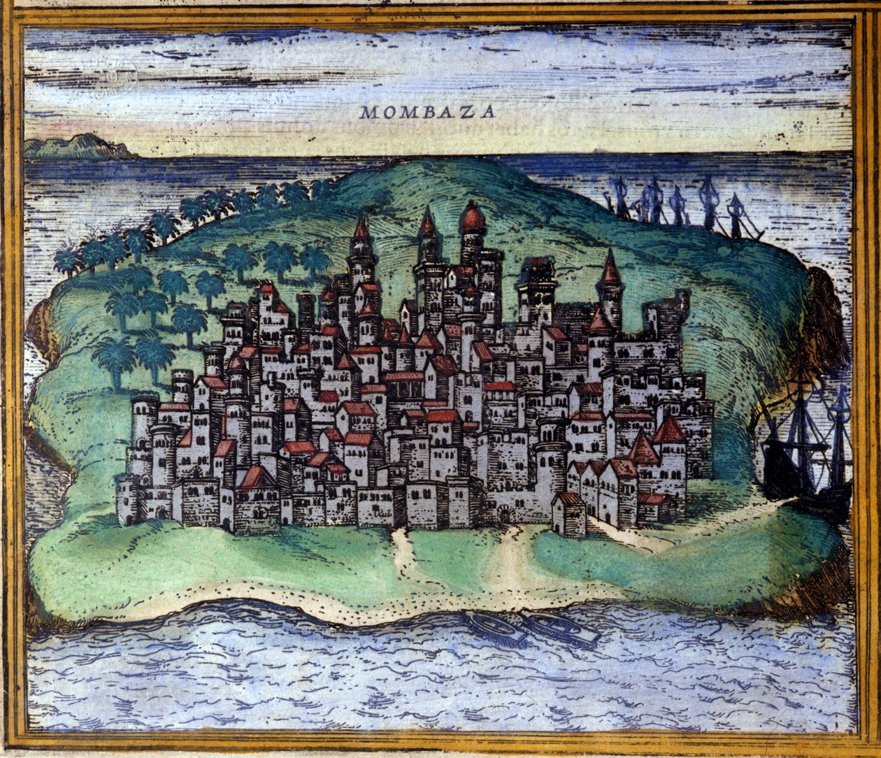 Näkymä Mombasaan tai Mombassaan, Keniaan 1500-luvulla, jolloin portugalilaiset miehittivät kaupungin Braunin ja Hogenbergin Atlas "Civitates Orbis Terrarum" jälkeen tekijältä Georg Braun and Hogenberg Franz