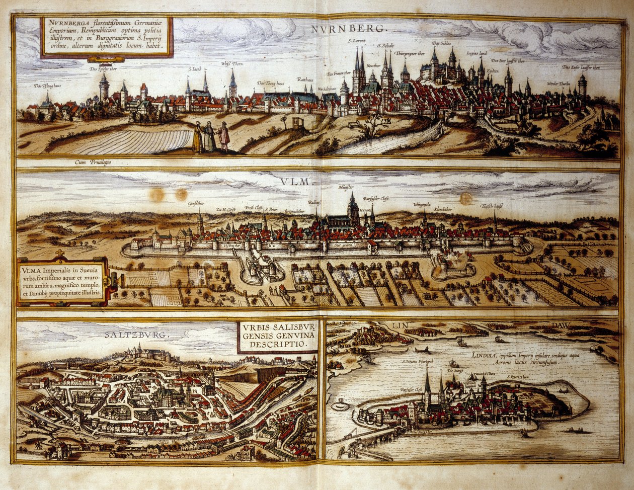 Näkymä Saksan kaupungeista Nürnbergistä ja Ulmista, Salzburgista, Itävallasta. Kaiverrus "Braunin ja Hogenbergin" atlasista vuodelta 1572 tekijältä Georg Braun and Hogenberg Franz