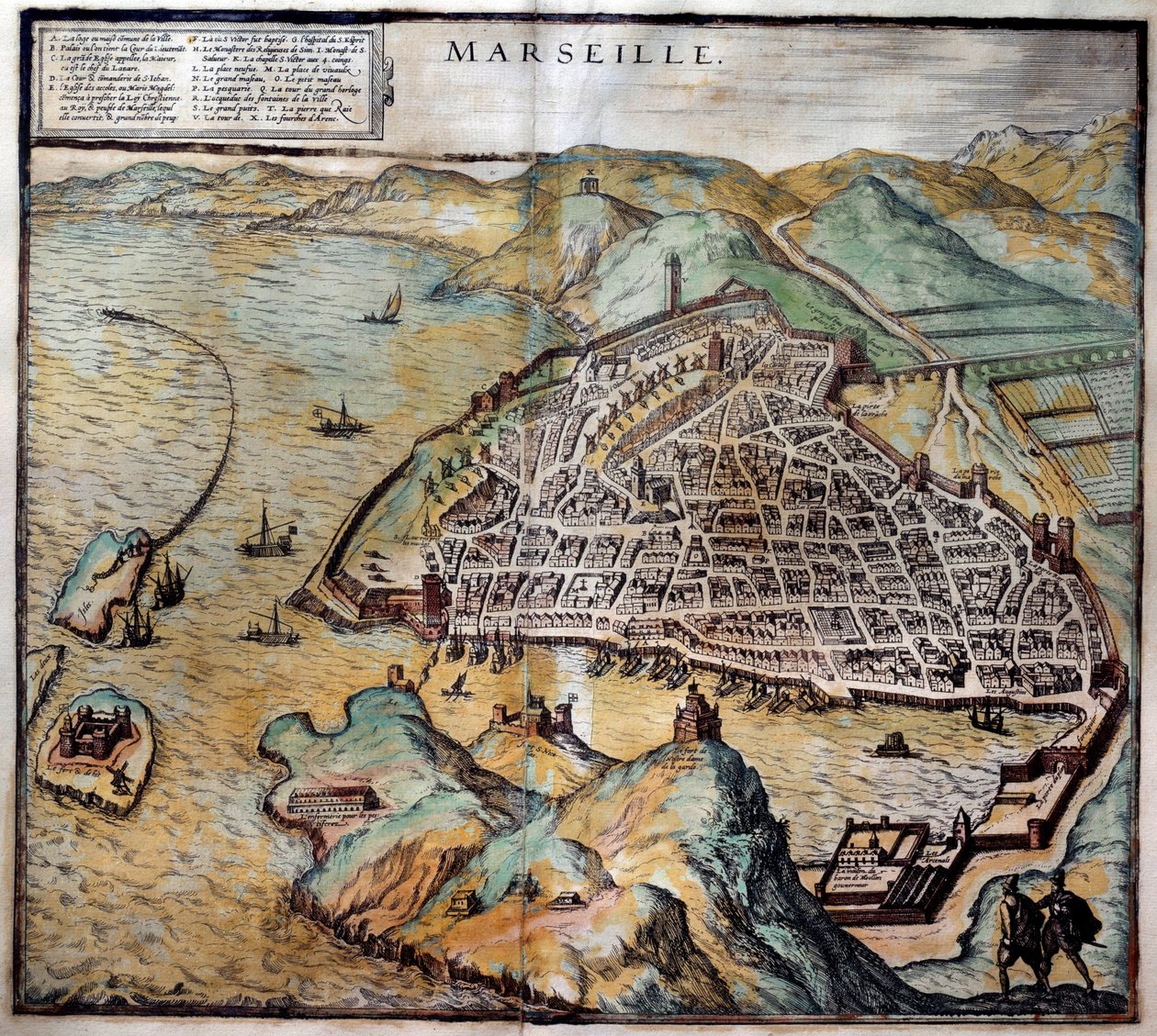 Näkymä Marseillen kaupunkiin katukartalla. Kaiverrus Atlas de Braunista ja Hogenbergistä 1572 Marseille, Musee de la Marine tekijältä Georg Braun and Hogenberg Franz
