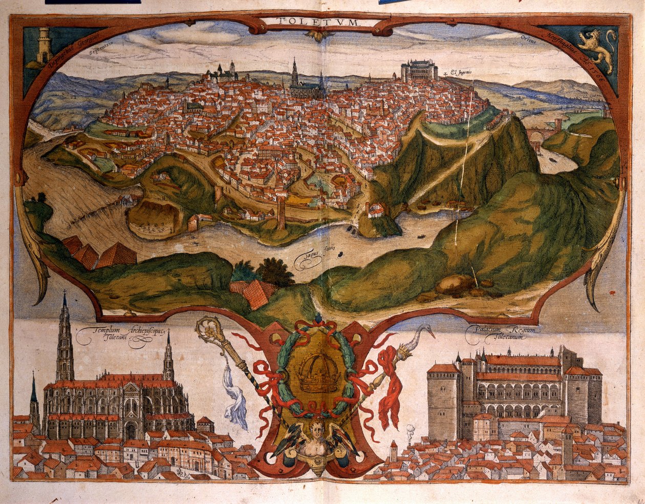 Näkymä Toledon kaupunkiin 1500-luvulla. George Braunin kaiverrus Franz Hogenbergin (1535-1590) "" Civitatis Orbis Terrarum" -osassa, I osa tekijältä Georg Braun and Hogenberg Franz