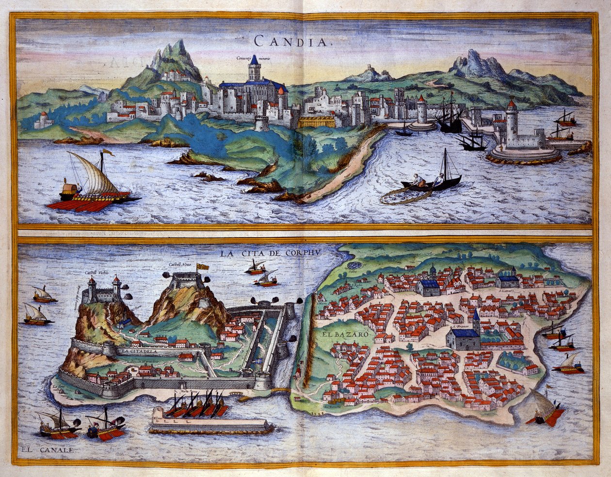 Näkymä Candien satamasta (nykyinen Heraklion) Kreetalla ja Korfun satamasta Kreikassa George Braunin kaiverrus "" Civitatis Orbis Terrarum""" Osa I kirjoittanut Franz Hogenberg (1535-1590) tekijältä Georg Braun and Hogenberg Franz