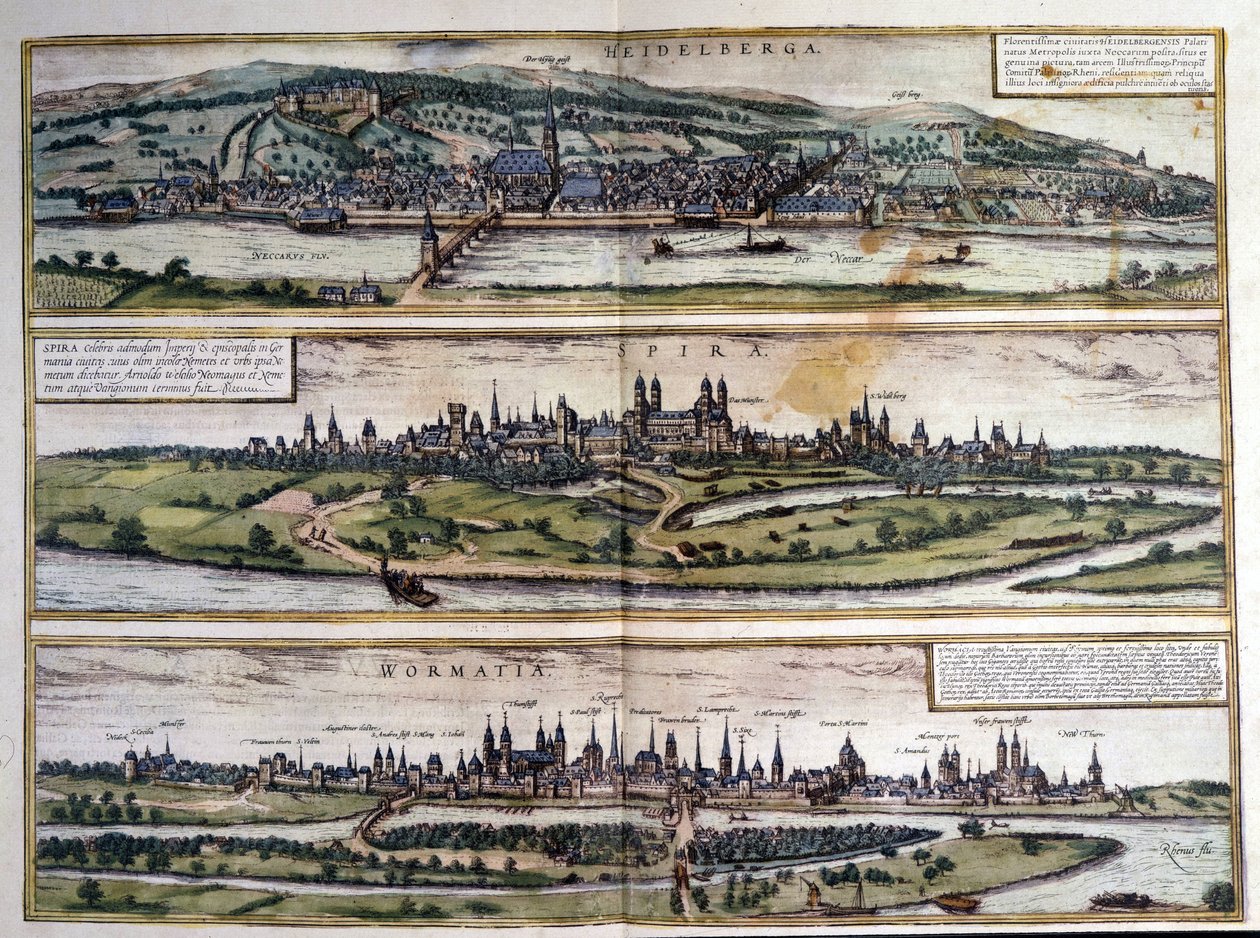 Näkymät kolmesta Saksan kaupungista: Heidelberg, Spire, Worms. Braunin ja Hogenbergin atlas. 1550. tekijältä Georg Braun and Hogenberg Franz
