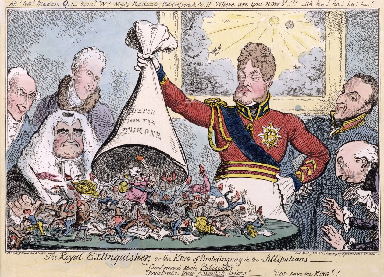 Kuninkaallinen sammutin eli Brobdingnagin kuningas ja liliputilaiset, 1821 tekijältä Isaac, Robert and George Cruikshank