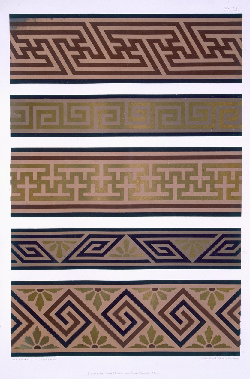 Japanilainen ornamentti: Kultaiset nauhat tai reunat tummilla perusteilla, levy LXX kirjasta "The Practical Decorator and Ornamentalist", julkaistu 1892 tekijältä George Ashdown Audsley