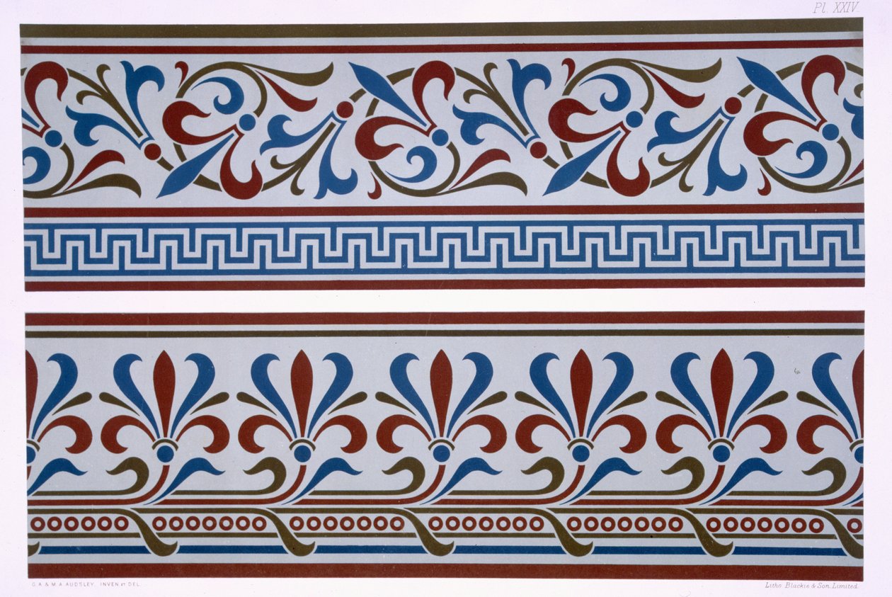 Uuskreikkalainen koriste: Reunus- ja dado-kuviot, levy XXIV julkaisusta "Käytännön sisustaja ja koristelu", julkaistu 1892 99:kuvio; kuviollinen; koriste; koriste; design; arkkitehti tekijältä George Ashdown Audsley