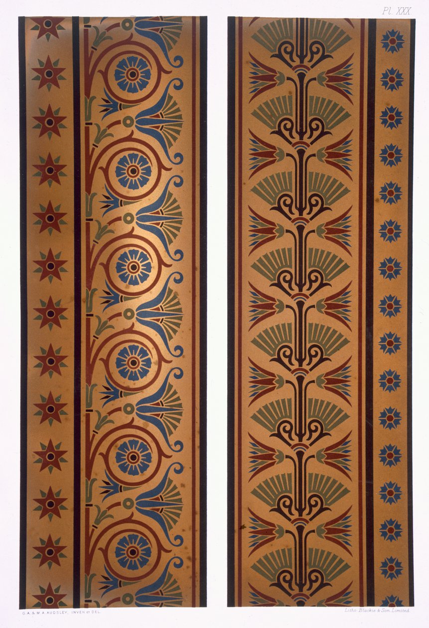 Pystysuorat kaistaleet tai reunukset tummilla väreillä kultaisella pohjalla, levy XXX, julkaisusta "The Practical Decorator and Ornamentalist", 1892. tekijältä George Ashdown Audsley
